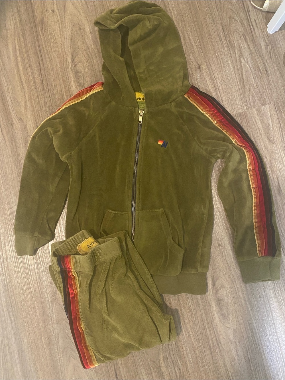 Aviator Nation Olive Green Velour Hoodie & Joggers with Red-Orange-Gold Stripes